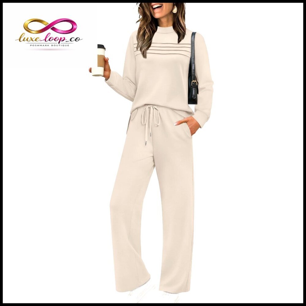 Long Sleeve Lounge Set with Wide Leg Pants, Side Slit Top, S-3XL